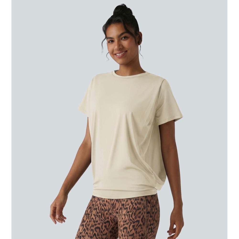 Halara Women Ruched Cool Touch Yoga Sports Top UPF50 Short Sleeve Beige Large
